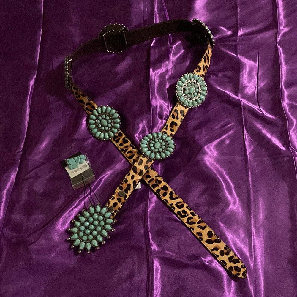 New L&B cheetah print and turquoise concho belt